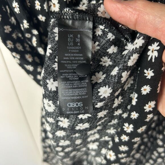 Asos Dress Women's Sz 4 Black Daisy Print Cap Sleeve Knee Length Sundress - Picture 8 of 9